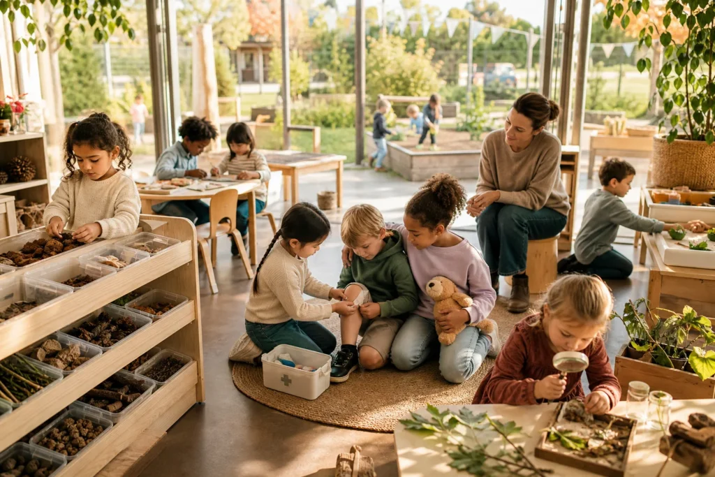 Kinderen doen natuuractiviteiten in een klaslokaal; een meisje verzorgt de knie van een jongen met een verbanddoos