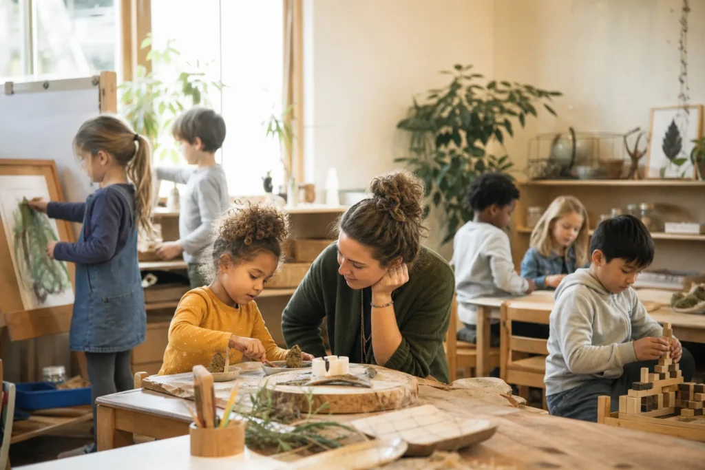 Kinderen werken samen met een begeleider aan creatieve activiteiten in een klaslokaal
