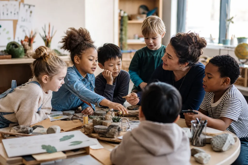 Kinderen werken samen met een leerkracht aan een knutselproject aan tafel